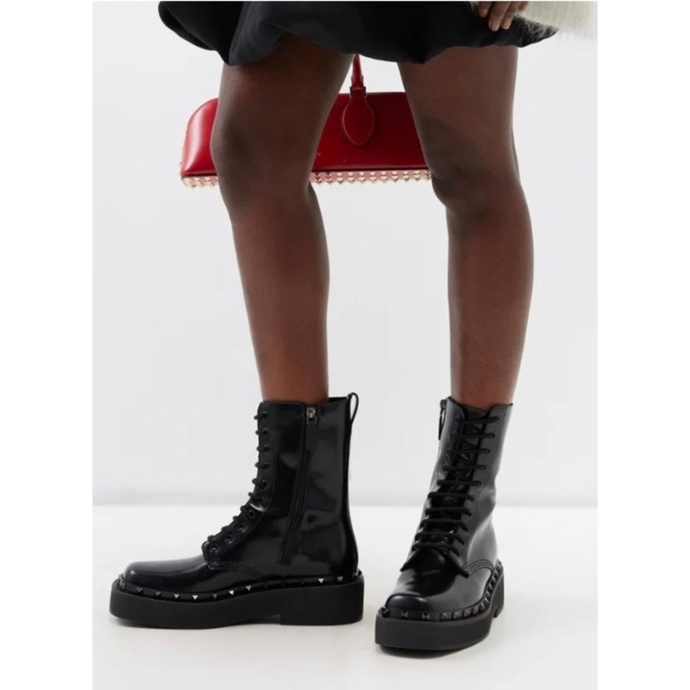 Valentino Garavani Rockstud M-Way 50mm Black Leather Combat Boots EU 36